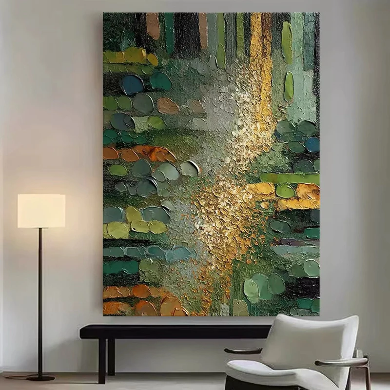Green Field Gold Light Abstract Texture Pure Hand Drawn Oil Painting Canvas For Living Room Decoration Artistic Sense Entrance