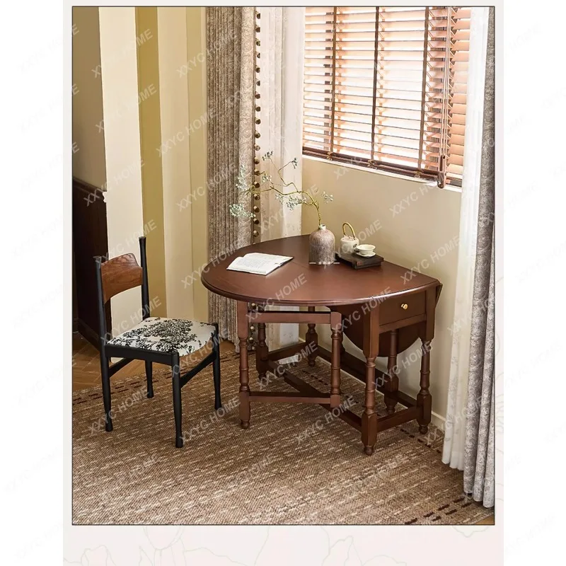 XXRetro solid wood bilateral folding variable round table small apartment drawer household wall table  model