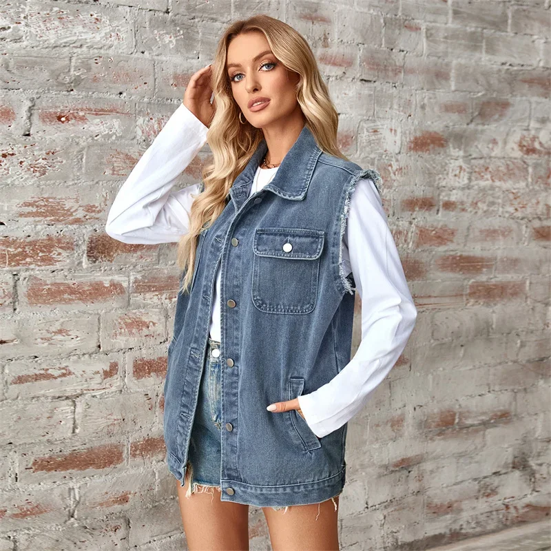 Fashion Double Pocket Patchwork Denim Waistcoat Women Single-breasted Washable Sleeveless Jackets Vest Female Casual Streetwear