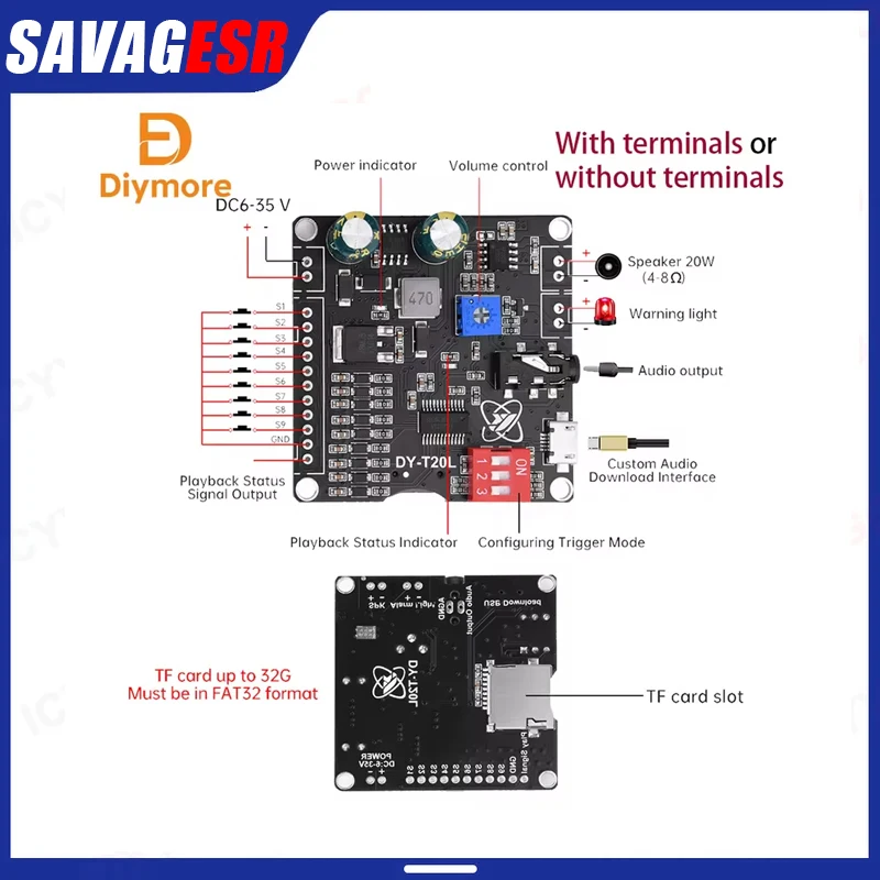 DY-T20L DC6-35V 10W/20W voice MP3 playback control module one-on-one trigger audio module supports USB flash drive TF-T20L Micro