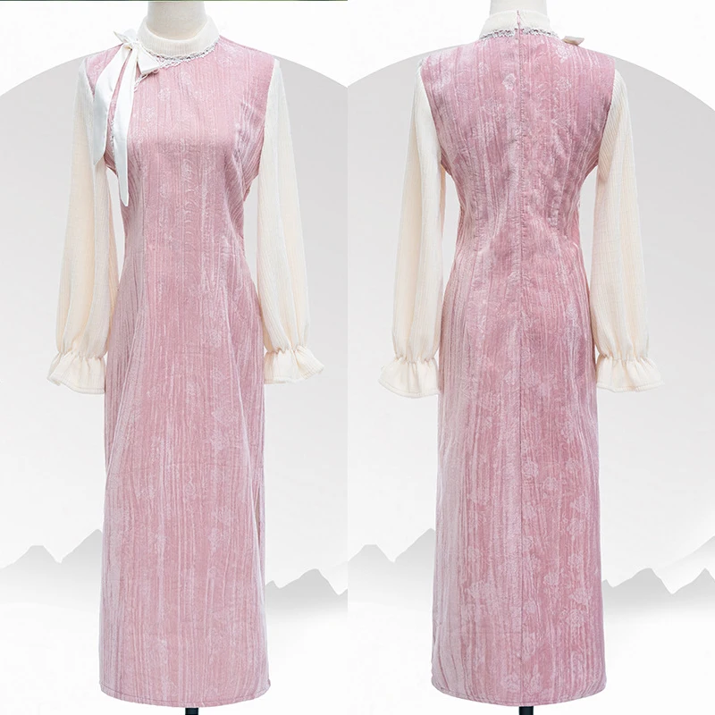 

Evening Party Dress Mandarin Collar Vintage Qipao Traditional Chinese Vestidos Sexy Elegant Velvet Cheongsam Long Slim Gown