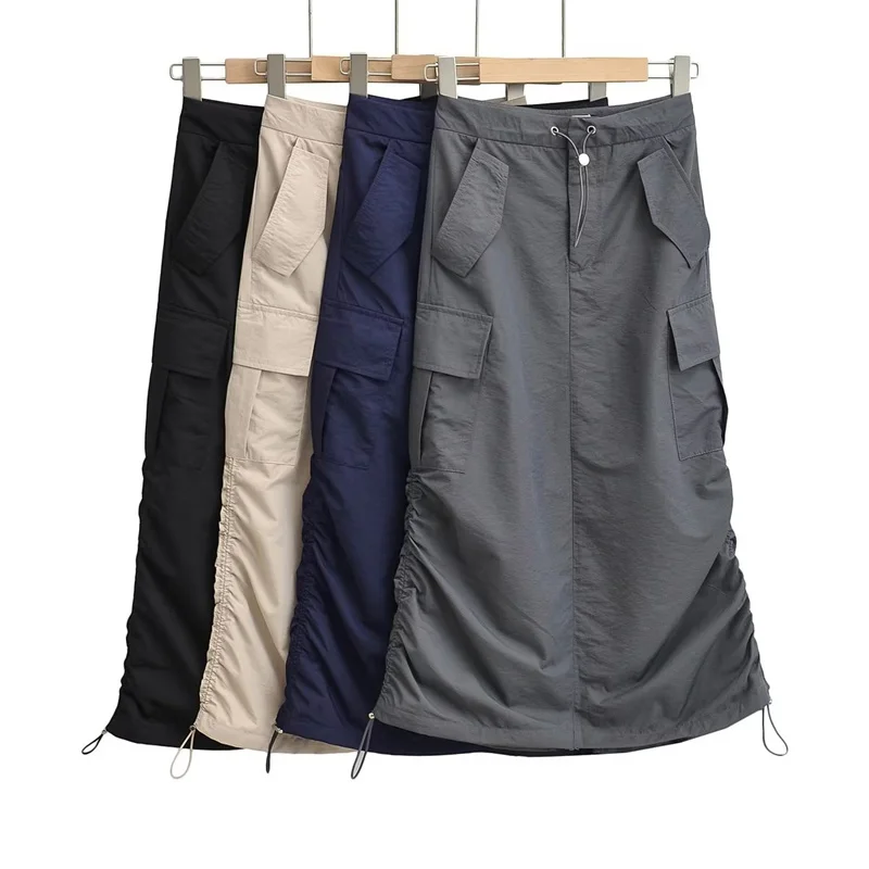 BANA American Style Hot Girl Grey Drawstring Pocket Workwear Midi Skirt Women's Retro High Waist A-Line Skirt Street Style