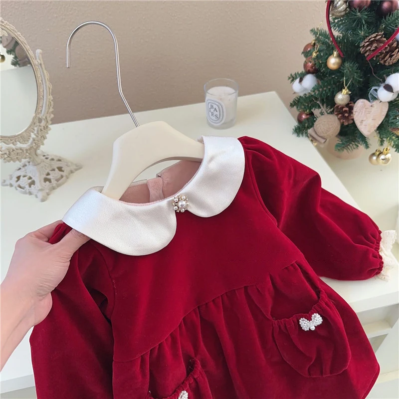 Girl\'s Red Velvet Dress Autumn Winter Thickened Baby Girls Doll Collar A-line Princess Dress Sweet One Year Old Birthday Dresses