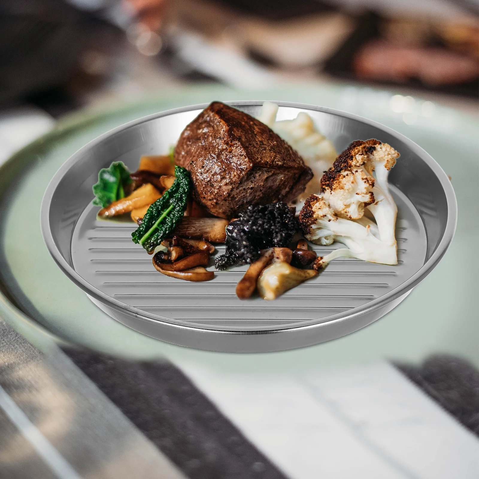 Stainless Steel Barbecue Plate Round Metal Camping Plates Deep Fryer Pan Outdoor Lunch Plates Steak Dinner Bowl Serving