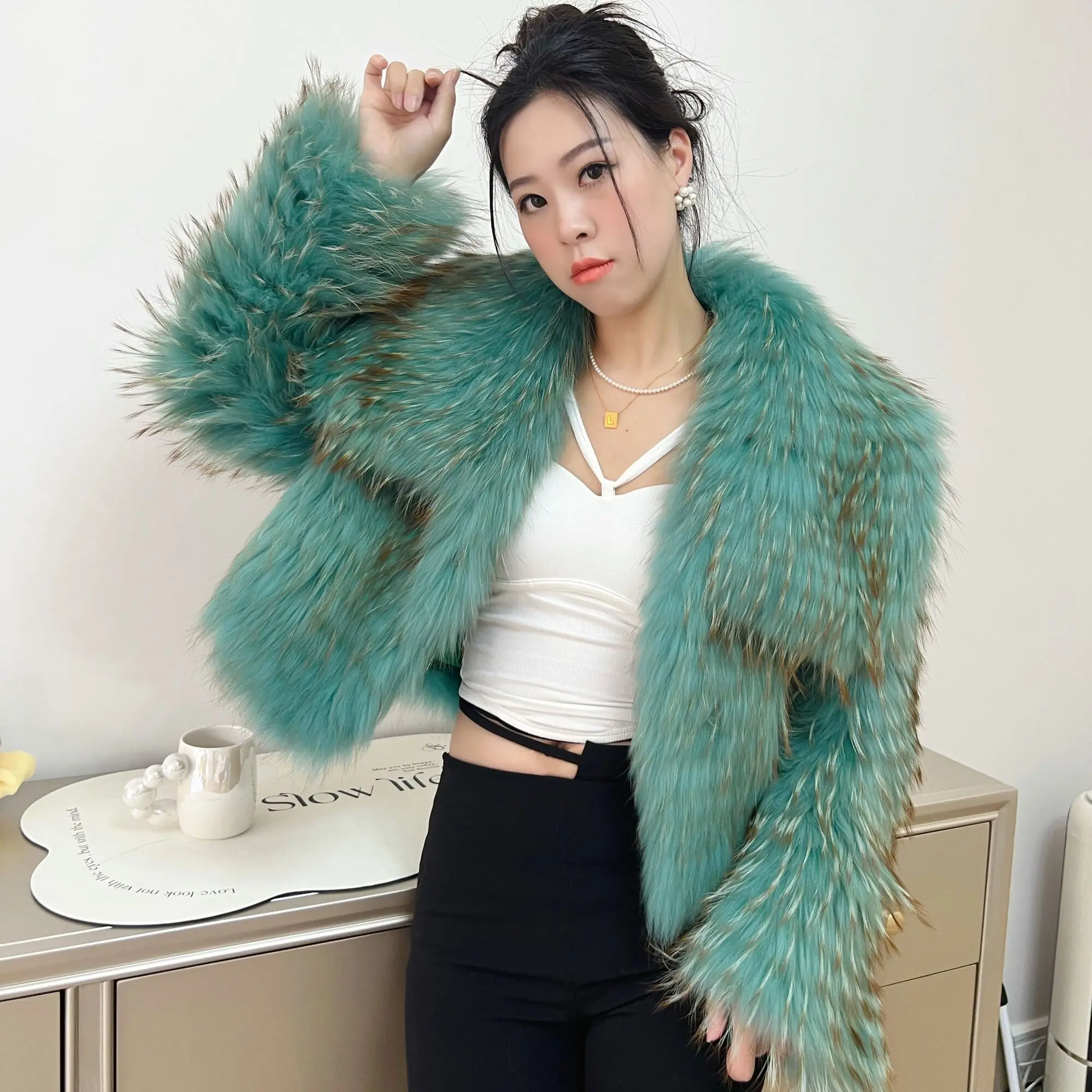 2024 Autumn Winter New Foreign Flavour Fashion Raccoon Fur Short Navy Collar Large Lapel Fur Coat