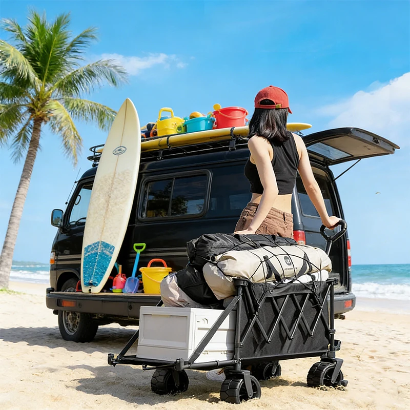 

Gathering Camping Cart Foldable Rear Open Design Portable Outdoor Wagon with Oxford Cloth & All-Terrain Wheels for Camping