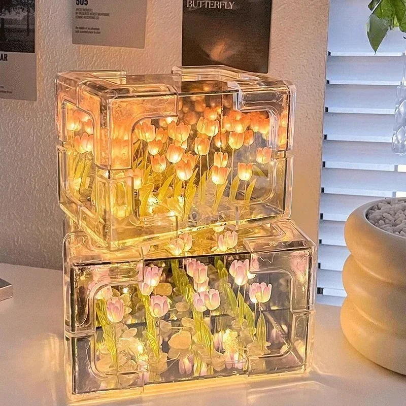 20PCS Tulip Night Light DIY Tulip Flower Mirror Cube Lamp 3D Atmosphere Lamp Handmade Craft Valentines Day Birthday Wedding Gift