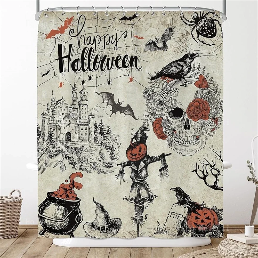 Retro Bat Skull Flower Ghost Gothic Horror Pumpkin Spider Witch Halloween Themed Bathroom Decoration Shower Curtain