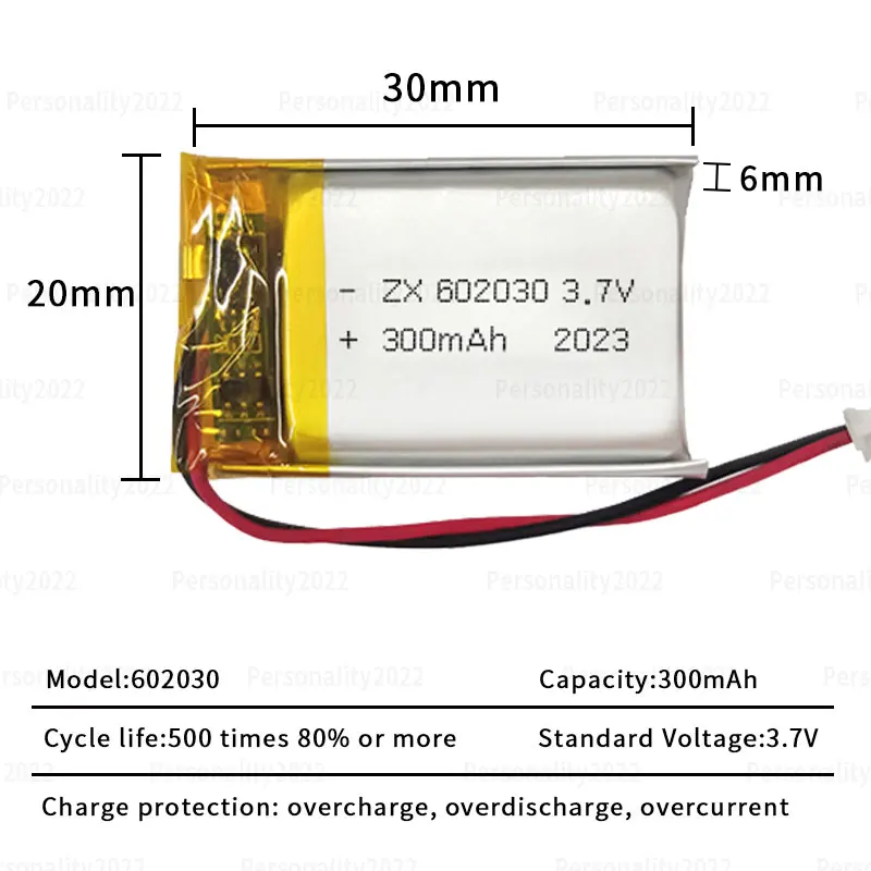 LI PO 602030 Battery 300mAh 3.7V Lithium Polymer Batteries Ph-2.0 for Bluetooth Headset Speaker Monitor Self-timer E-Stick Flyer