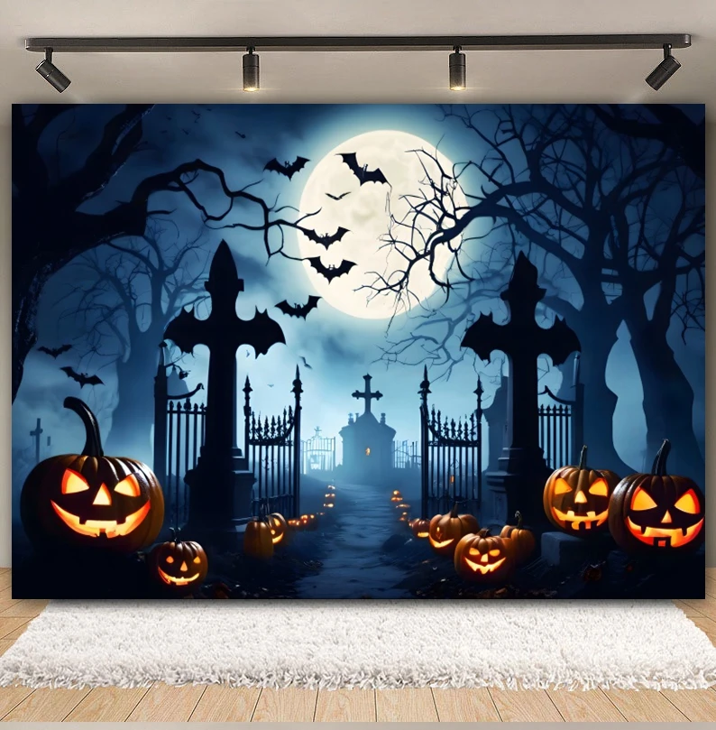 Halloween Night Beach Backdrop Pumpkin Full Moon Pumpkin Coconut Sea House Palm Tree Halloween Baby Photography Background Decor