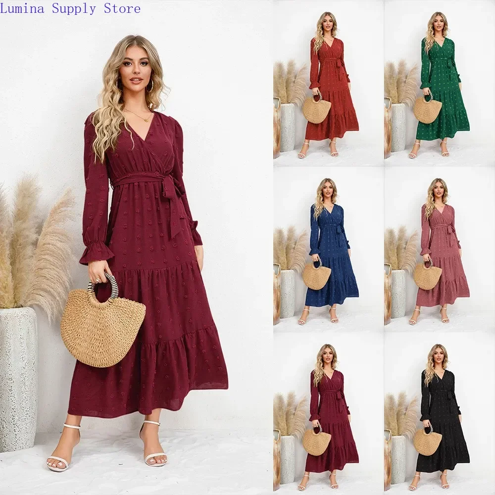 Damenkleid, V-Ausschnitt, Jacquard-Kleid, Burgunderrot, mehrlagiger Rock, Maxikleid, Marineblau, lange Kleider mit Rüschenbündchen, Mauve, einfarbig, Damen
