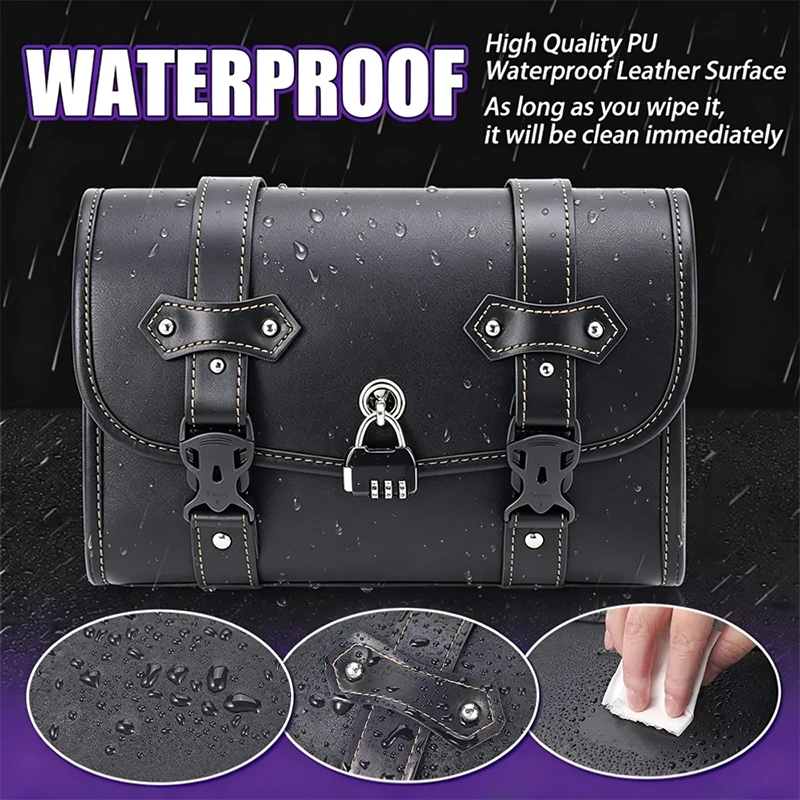 Wasserdichte Motorrad-Satteltasche mit Zahlenschloss, Diebstahlschutz, Schwarz, universell einsetzbar, großes Fassungsvermögen, Werkzeug für Harley, Yamaha, Suzuki. – Detail 1