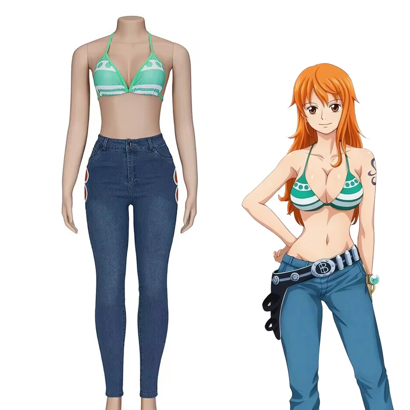 Nami Cosplay Costumes Jeans Sexy Bikini Anime Uniform Swimsuit Female Halloween Party Outfit