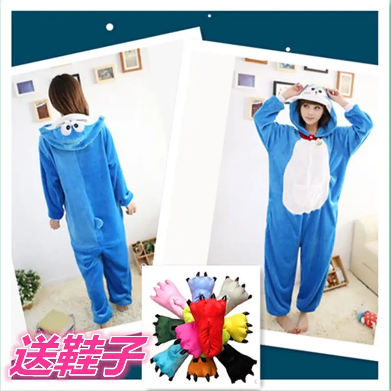 Adult Blue Doraemon Cartoon Onesie Pajama Soft Coral Fleece One Piece Hooded Suit Anime Plush Sleep Outfit for Halloween Party