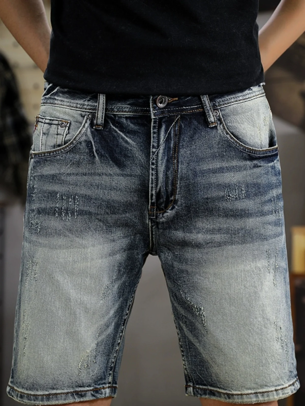 

Retro American Sle Faded Denim orts Men's Korean Version Slim Fit Elastic Five-Part Casual Straight Leg Jeans