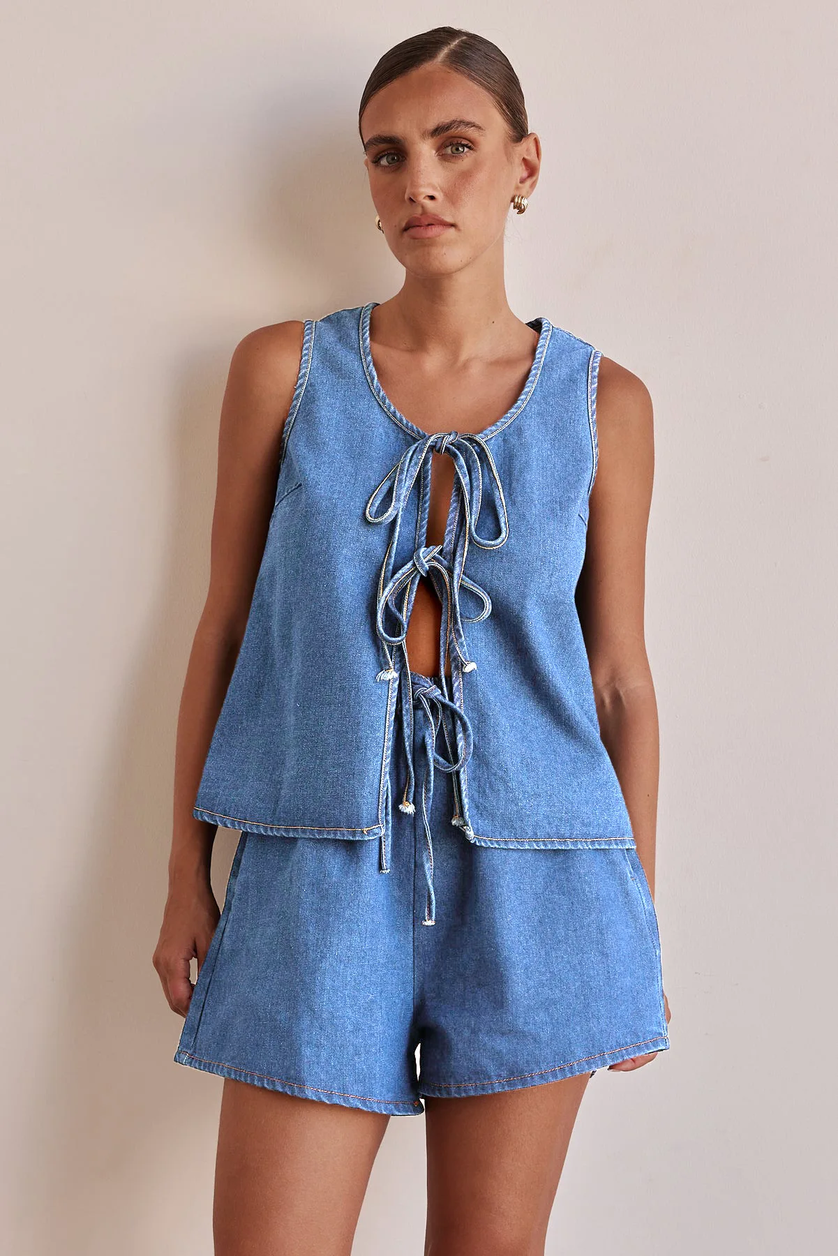 

Summer Loose Blue Denim 2 Piece Sets Women Outfit 2026 Fashion Sleeveless Tank Top With High Waist Shorts Set Streetwear New