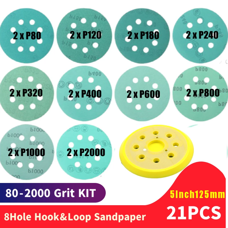 21Pcs/Set 5 Inch 125MM 8 Holes 80 to 2000 Grits Round Hook and Loop Polyester Film Sandpaper Sanding Disc Abrasive Polishing Pad