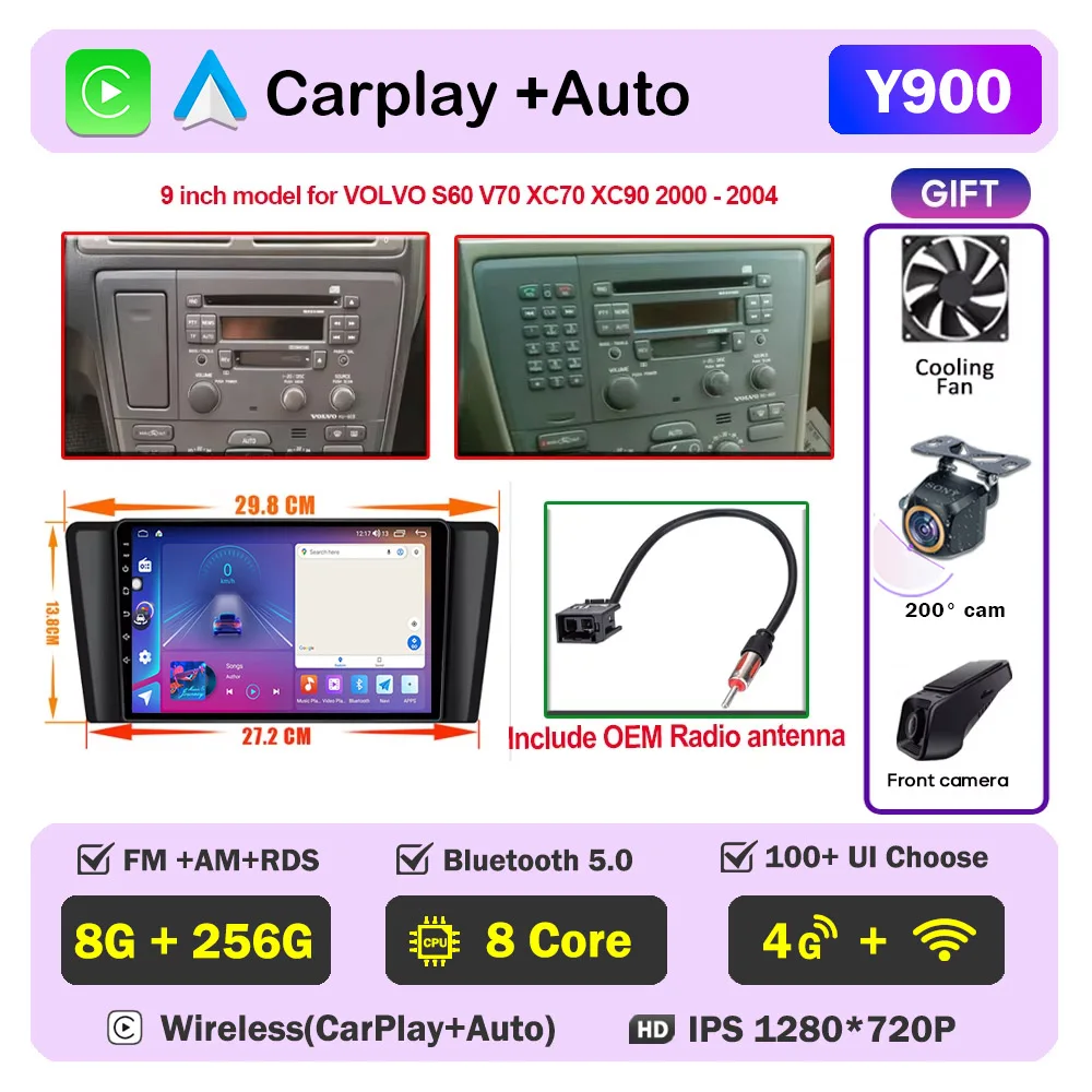 Auto radio CarPlay voor Volvo XC70 V70 S60 2000-2009 Android Auto multimediaspeler stereo 8-core autoradio DSP 5G WIFI scherm DVD