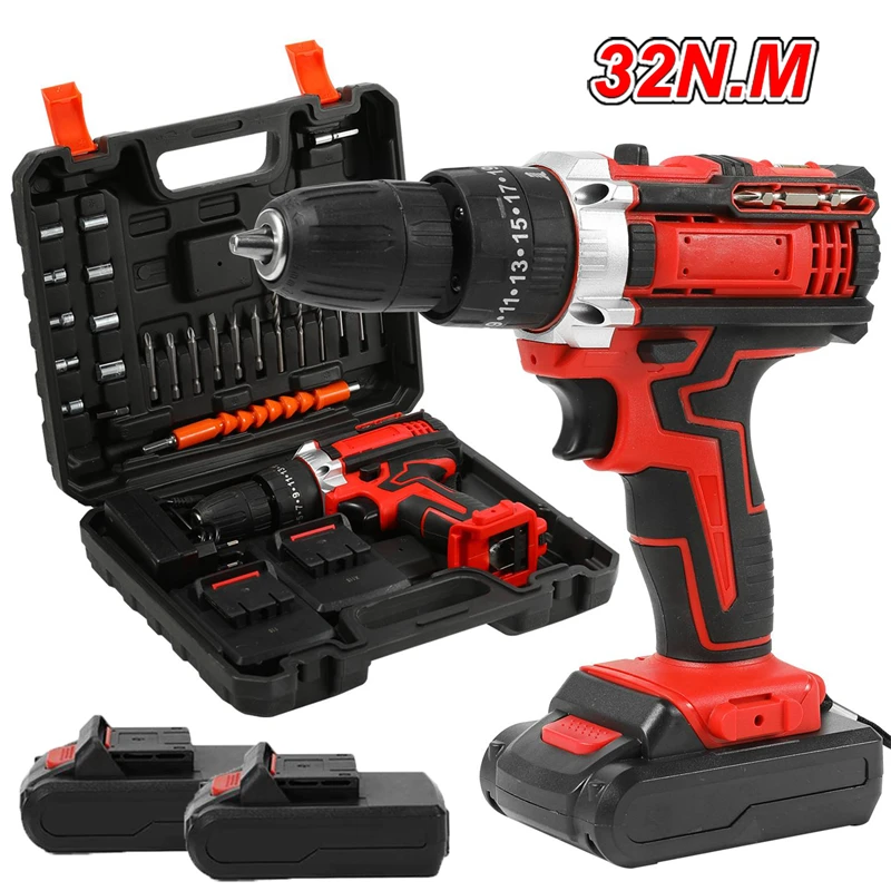 Perceuse à percussion sans fil 32 N.m, tournevis électrique 21 V, batterie rechargeable, jeu de perceuses 18+1 vitesses, outils électriques avec 2 batteries