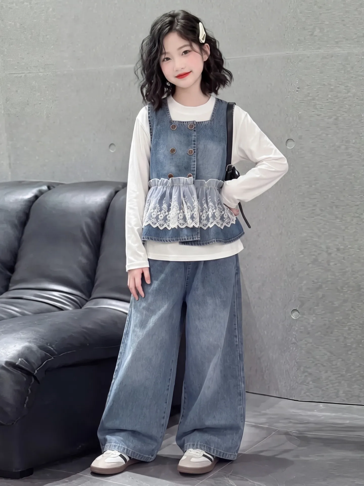 Teen Girls Denim Set Spring Autumn Lace Trim Double-breasted Vest+Pants 2pcs Kids Clothing Suit Chic Children Clothes Tracksuit