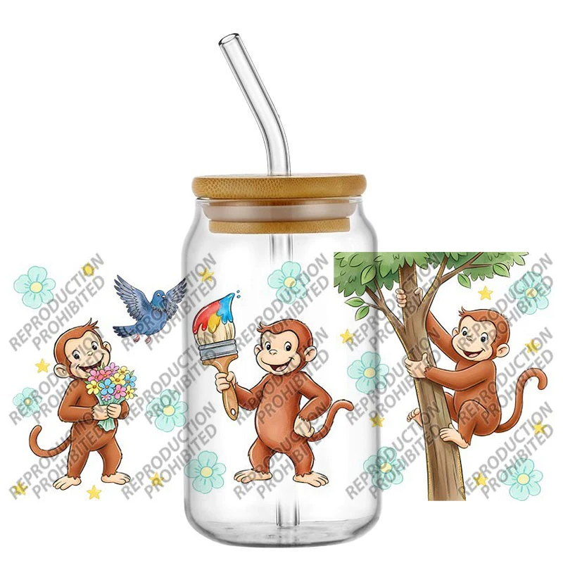 Hotsale Lovely Cartoon Curious George 16oz UV DTF 3D Sticker Decals High Quality For Glass Can Cup Craft DIY Gift Creative