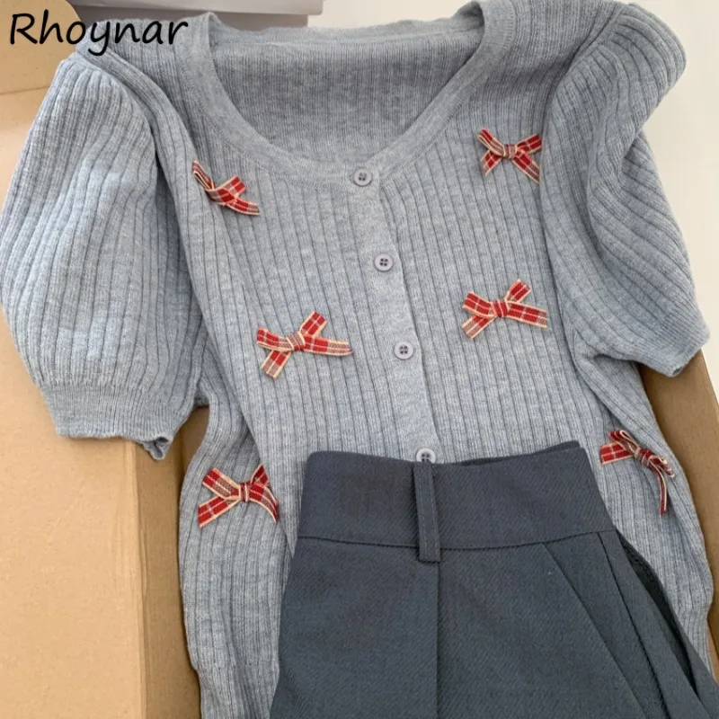 

Knitted Short Sleeve Shirts Women Summer Sweet Students Leisure Simple All-match Fashion Bow Slimming Korean Style High Street