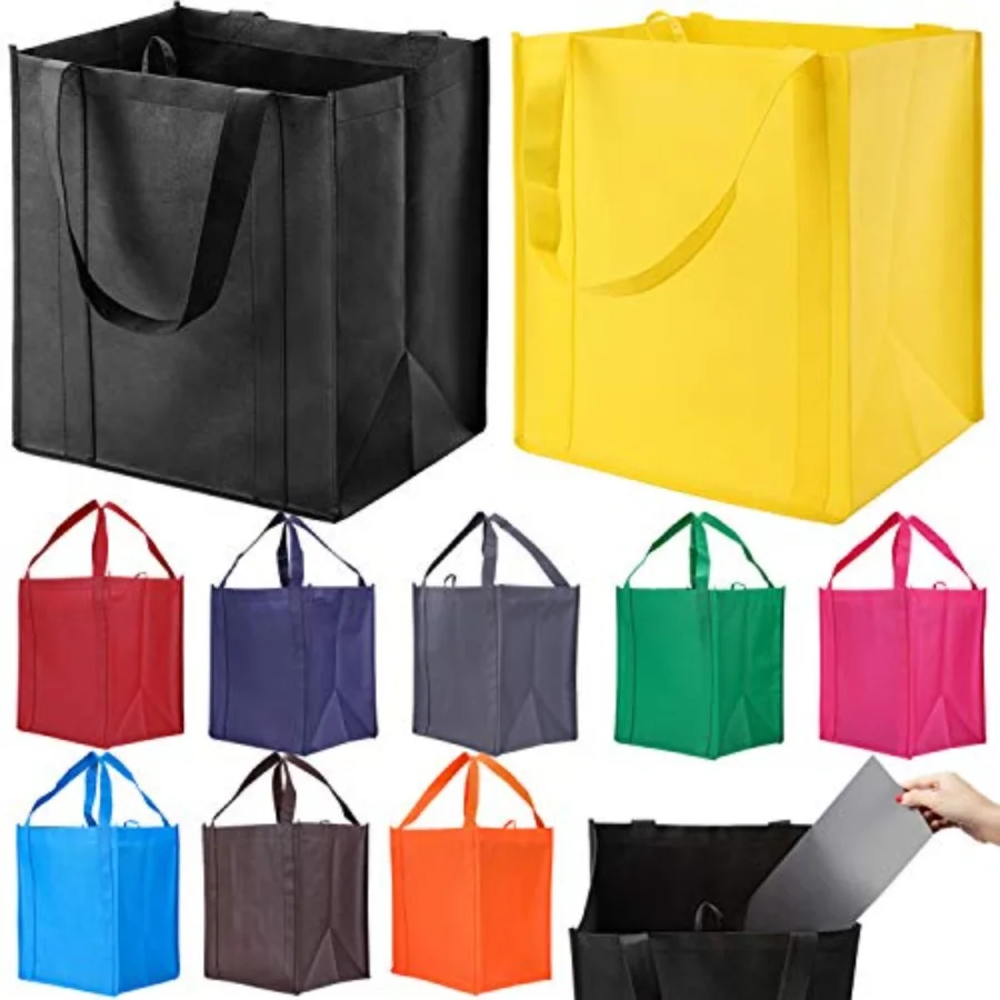 10 Pack Reusable Reinforced Handle Grocery Bags - Heavy Duty Large Shopping Totes with Thick Plastic Bottom can hold 40 lbs