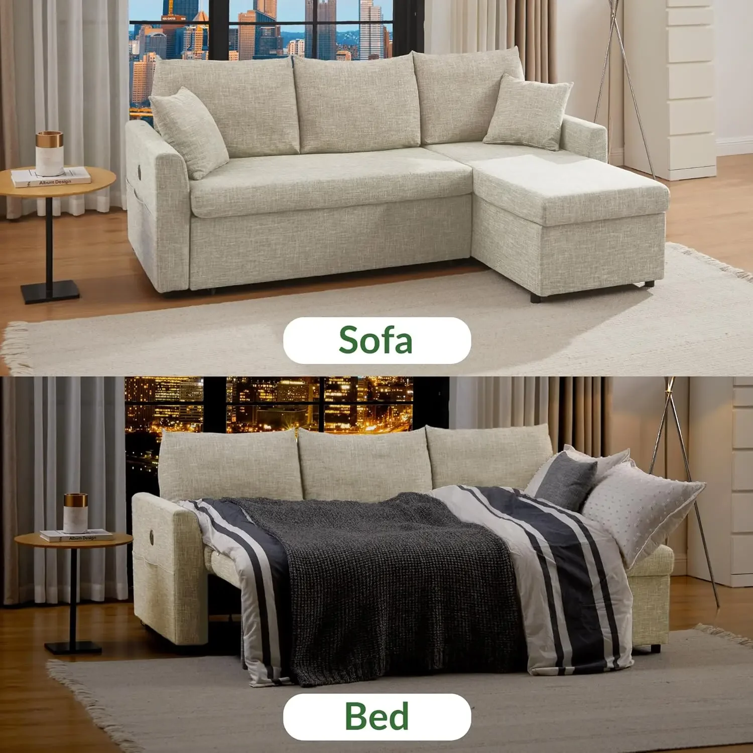 L-förmiges umwandelbares Schlafsofa, Sofagarnitur für das Wohnzimmer – Dual-USB-C-Aufladung, ausziehbares Bett, umkehrbare Chaiselongue mit