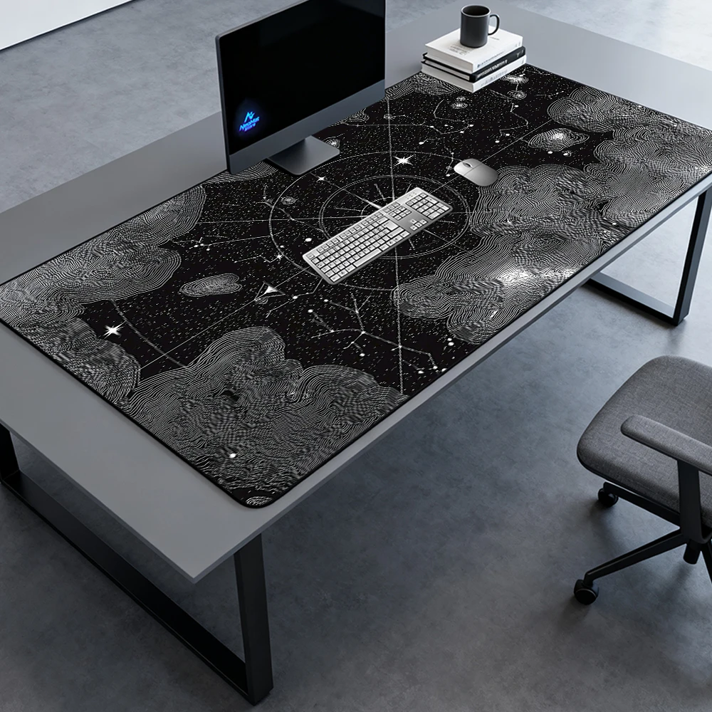 Starry Contour Mouse Pad Gaming Desk Mat 160x60 Galaxy Compass Constellation Black White Geometric Decor Full Desk Mousepads