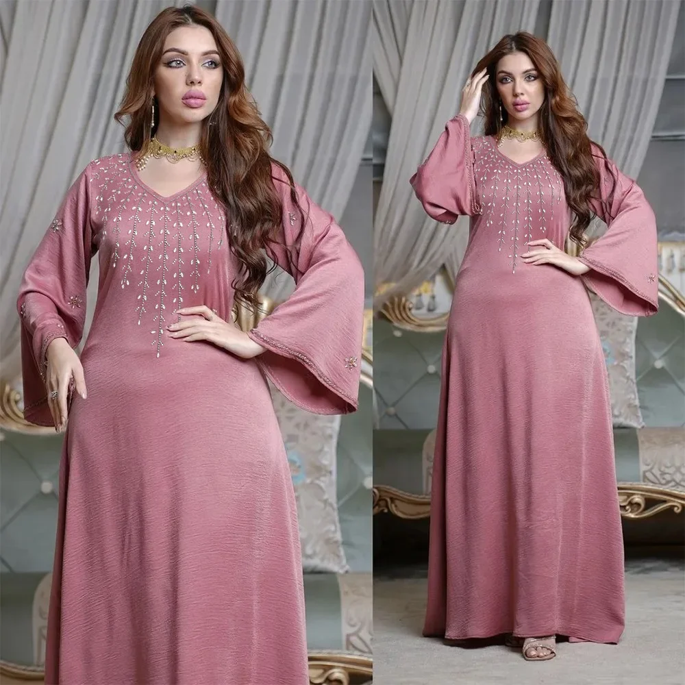 

Muslim Diamonds Abaya Flare Sleeves Long Dress Arab Morocco Dubai V-neck Djellaba Big Hem Women Ramadan Turkey Islam Kaftan Robe