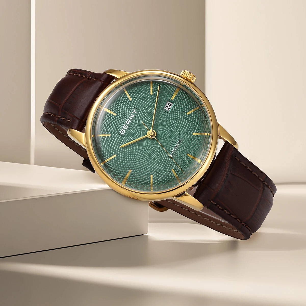 BERNY Automatikuhren für Herren, luxuriöse klassische mechanische Herrenuhr, gewölbtes Glas, Kalender, elegante, schlanke Armbanduhr – Detail 22