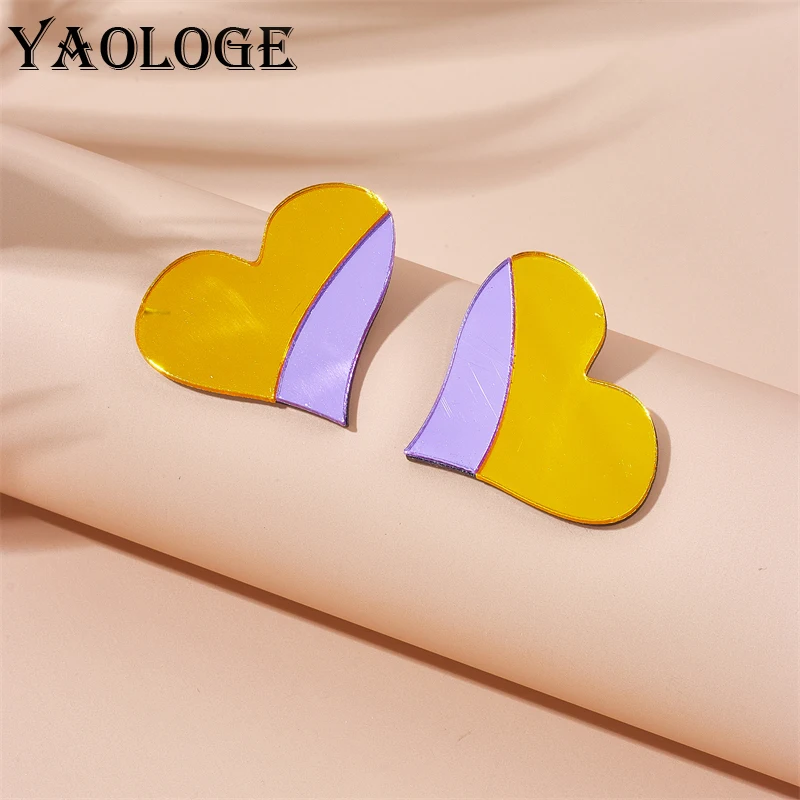 YAOLOGE Acrylic Exaggerated Color Blocking Love Heart Stud Earrings For Women New Trend Girls Mirror Ear Jewelry Birthday Gifts