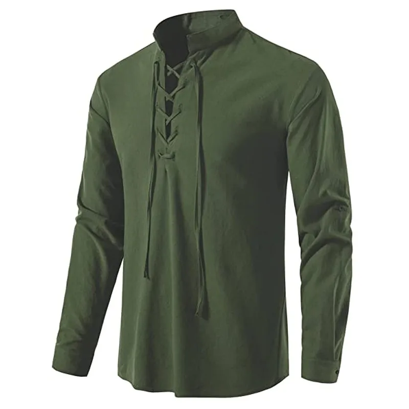 

Mens Beach Casual Cotton Linen Shirt Long Sleeve Henley Hippie Band Collar Euro Size