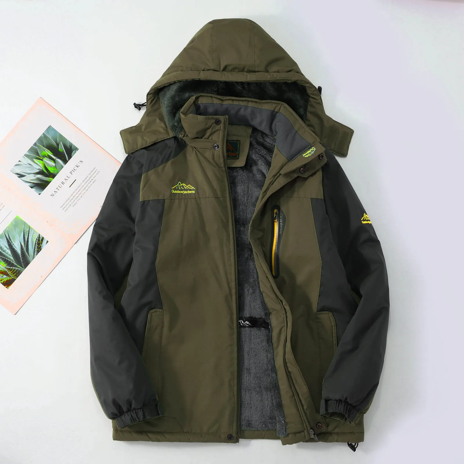 Army Green Fleece Jacket Men's Clothing Plus Size Winter Jacket Men's Thick Warm Waterproof Hooded Parka Coat Windbreaker