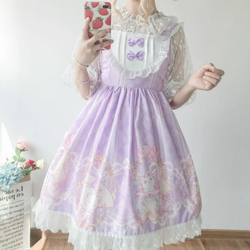 Sute Cartoon Bunny Lolita Style Dress Women Japanese Fashion Ruffles Sleeveless Cute Bow Lace Dresse Girl Gothic Y2k Party Dress