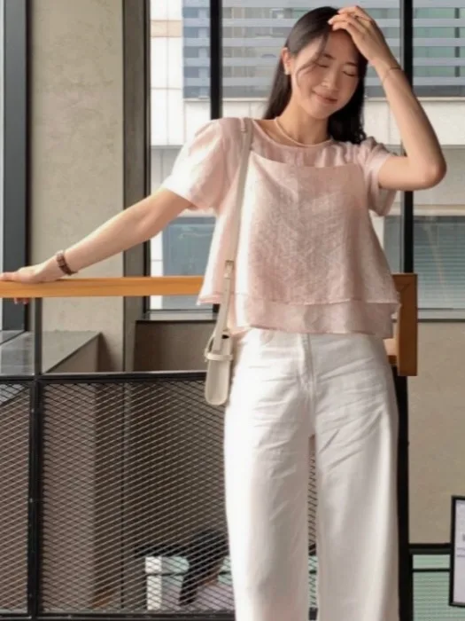 French Sle Loose Fit Bubble Sve round Ne Two-Piece Set Women's Summer Korean System Texture Sensation Chiffon Top
