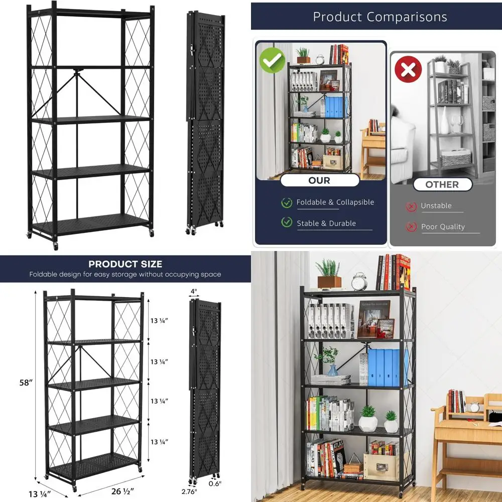 

5-Tier Foldable Metal Storage Shelf with Wheels - Collapsible Shelving Unit for Books, Kitchen, and Display, Rolling Cart for Ho