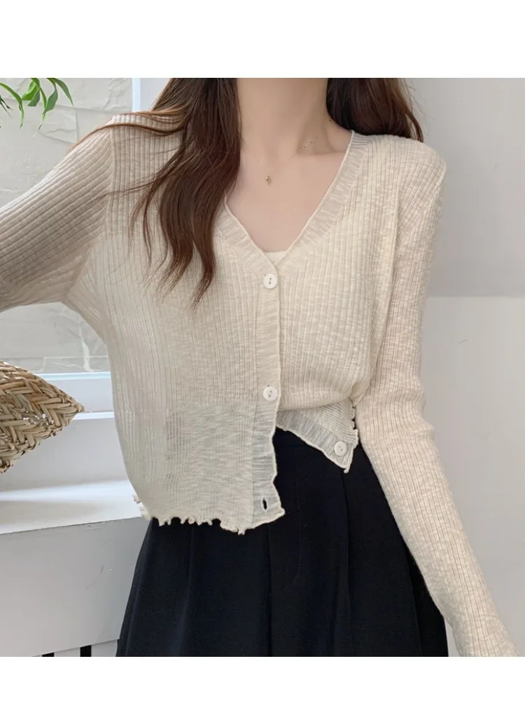 

Faionable V-Ne Knitted Long Sve Thin Design Summer Sun Protection Cardigan Women's Color Loose Fit Casual Wear