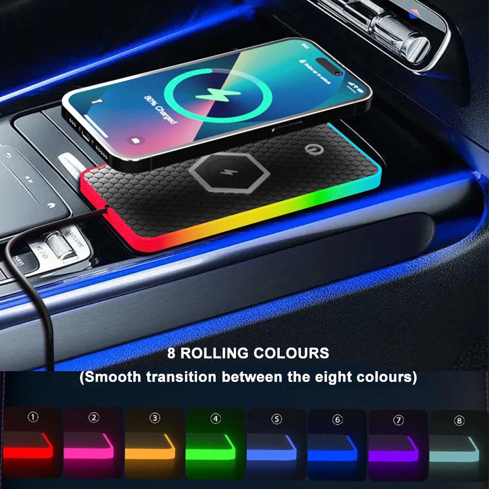

LED RGB car wireless charging board with anti slip silicone pad, multi device charging station, car charging board,