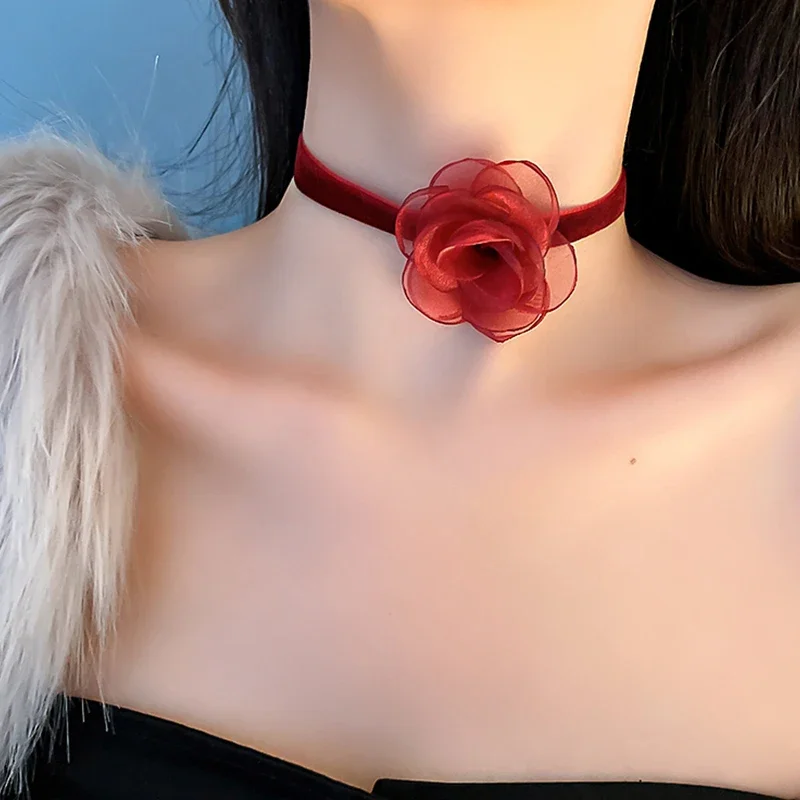 Black Rose Flower Organza Necklace for Women Party Sexy Lace Collar Neckband Chokers Wedding Clavicle Chain Jewelry Gift
