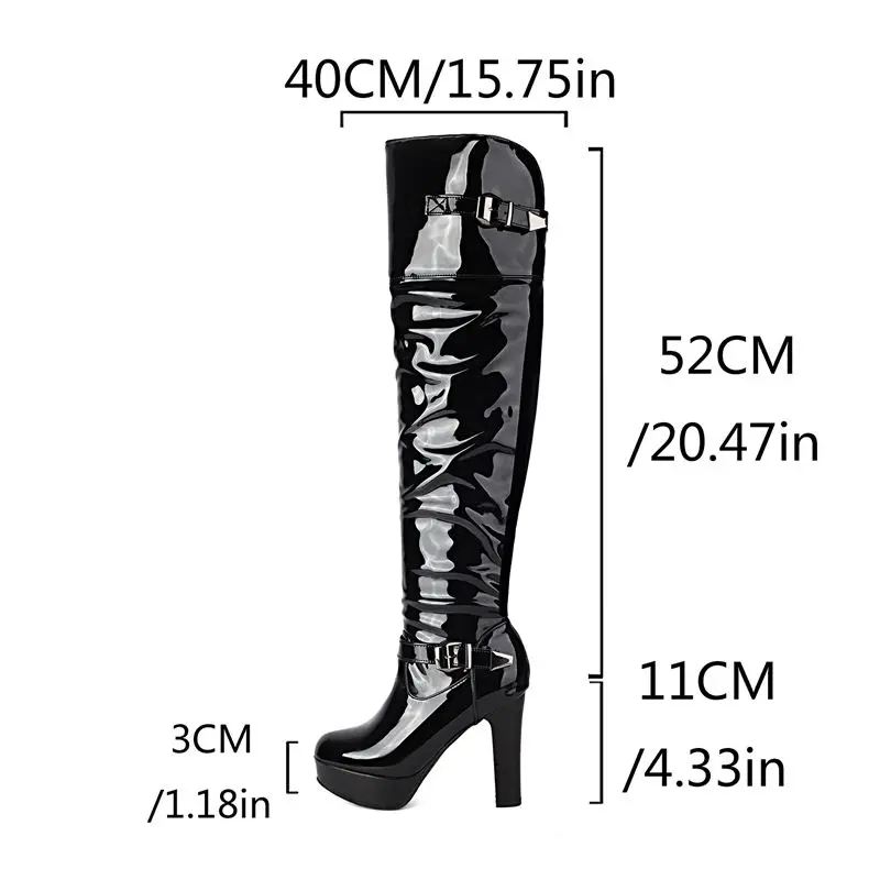 REAVE CAT Sexy Shiny Women Thigh Boots Round Toe Ultrahigh Heels 11cm Platform 3cm Belt Buckle Meta Decor Party Dating Booties view 2