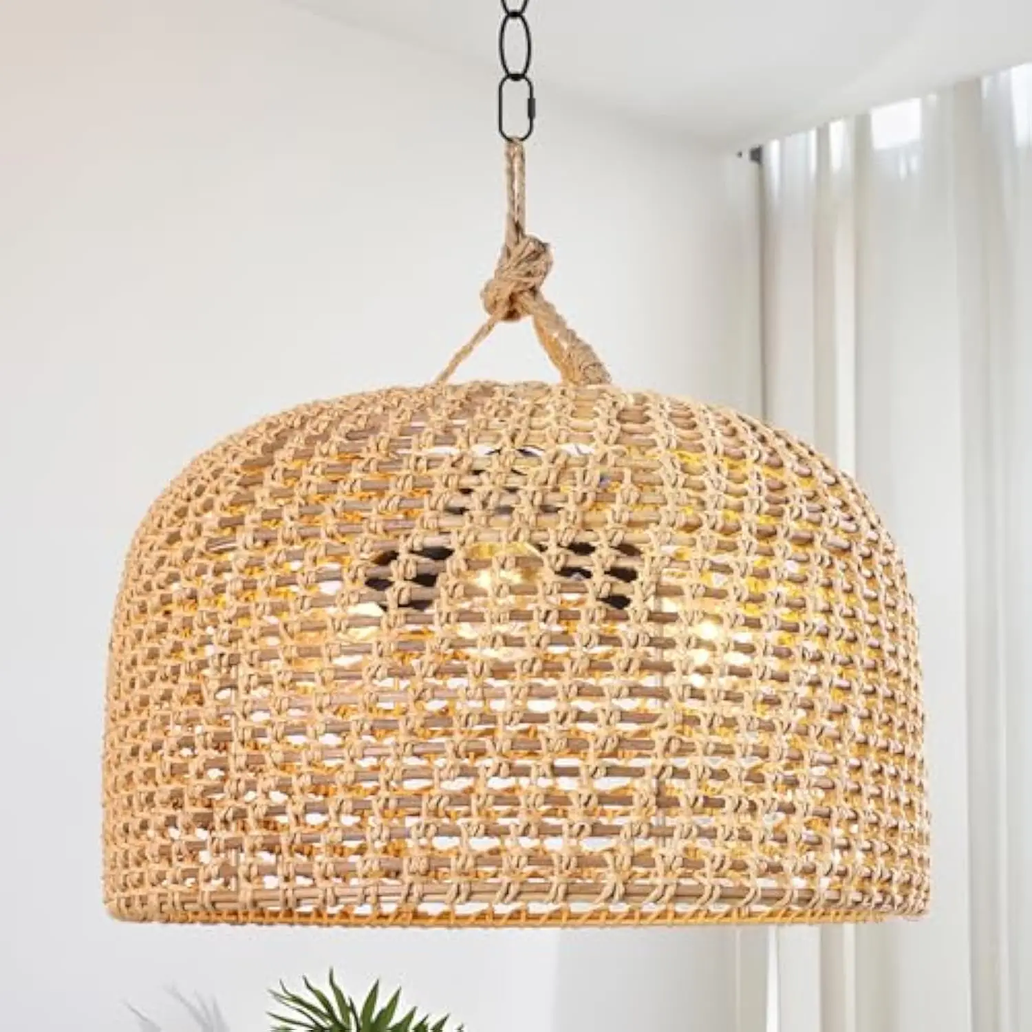 

18 英寸 Farmhouse Rattan Chandeliers for Dining Room, 3 Lights Boho Chandelier Light Fixture with Hand Woven Wicker Shade, Lar