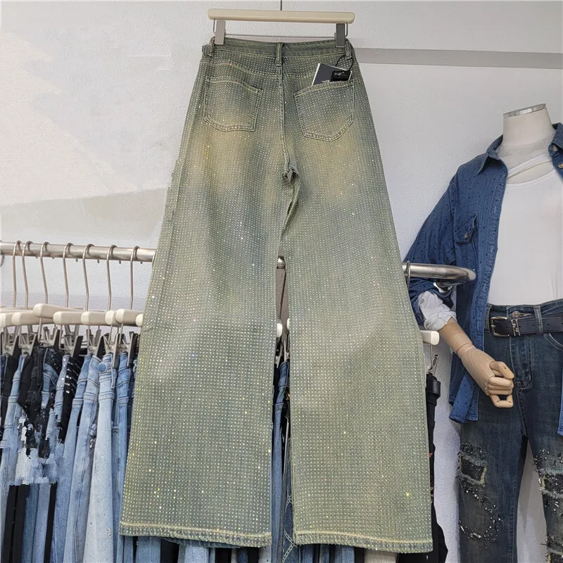 HKSH Women Jeans Fashion Washed Heavy Shiny Diamonds Design Vintage Versatile Chic Distressed Trendy Wide Leg Denim Pants HK5910