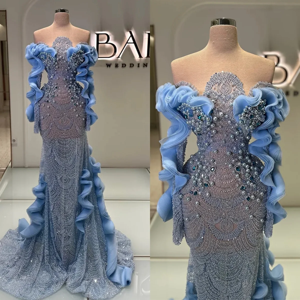 

Gorgeous Pearls Evening Dresses Prom Dress Beading Crystal See Through Customized Mermaid Illusion Party Gowns Vestidos De Noche