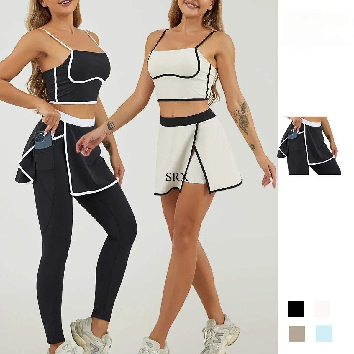 Contrasting Sports Suspender Bra Two-piece Fitness Culottes Tennis Sports Trousers Set Including Chest Cup Casual Suit for Women