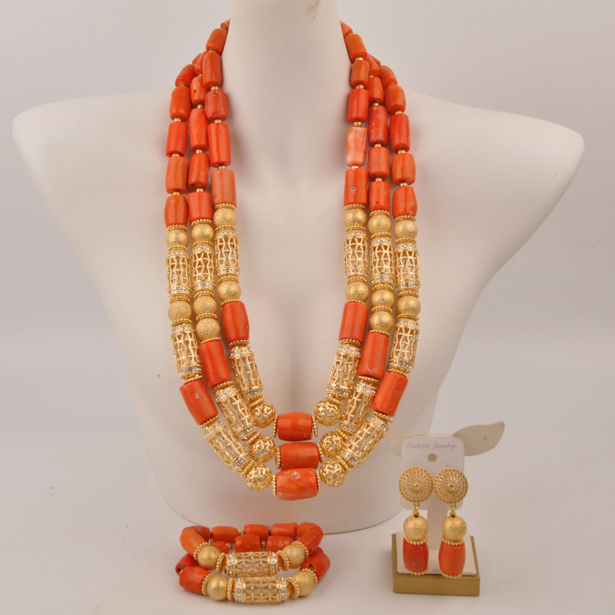 

Natural Coral Wedding Set Orange Wedding Jewelry Necklace African Accessories Nigerian jewelry set