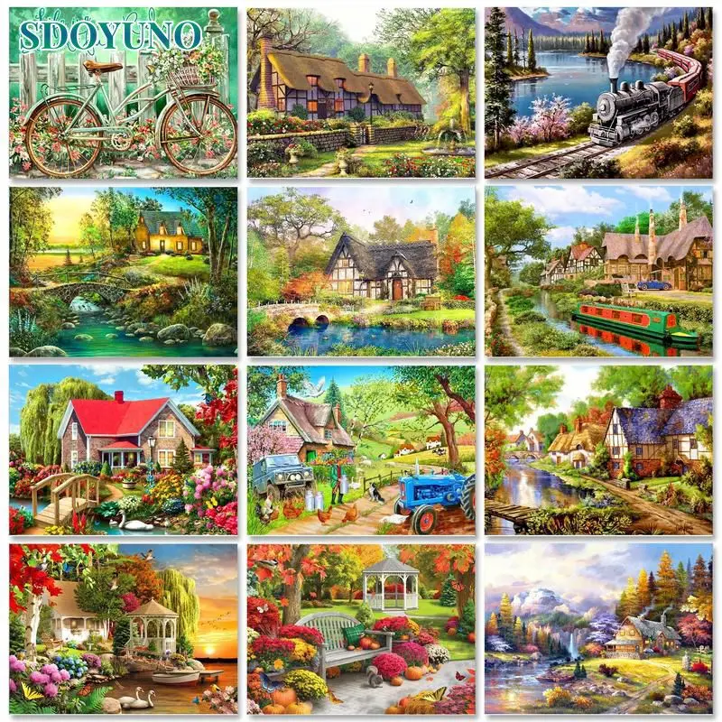 

SDOYUNO Diy Painting By Numbers With Frame Handpainted Oil Painting House Landscape Drawing Canvas Home Decor Gift Artwork