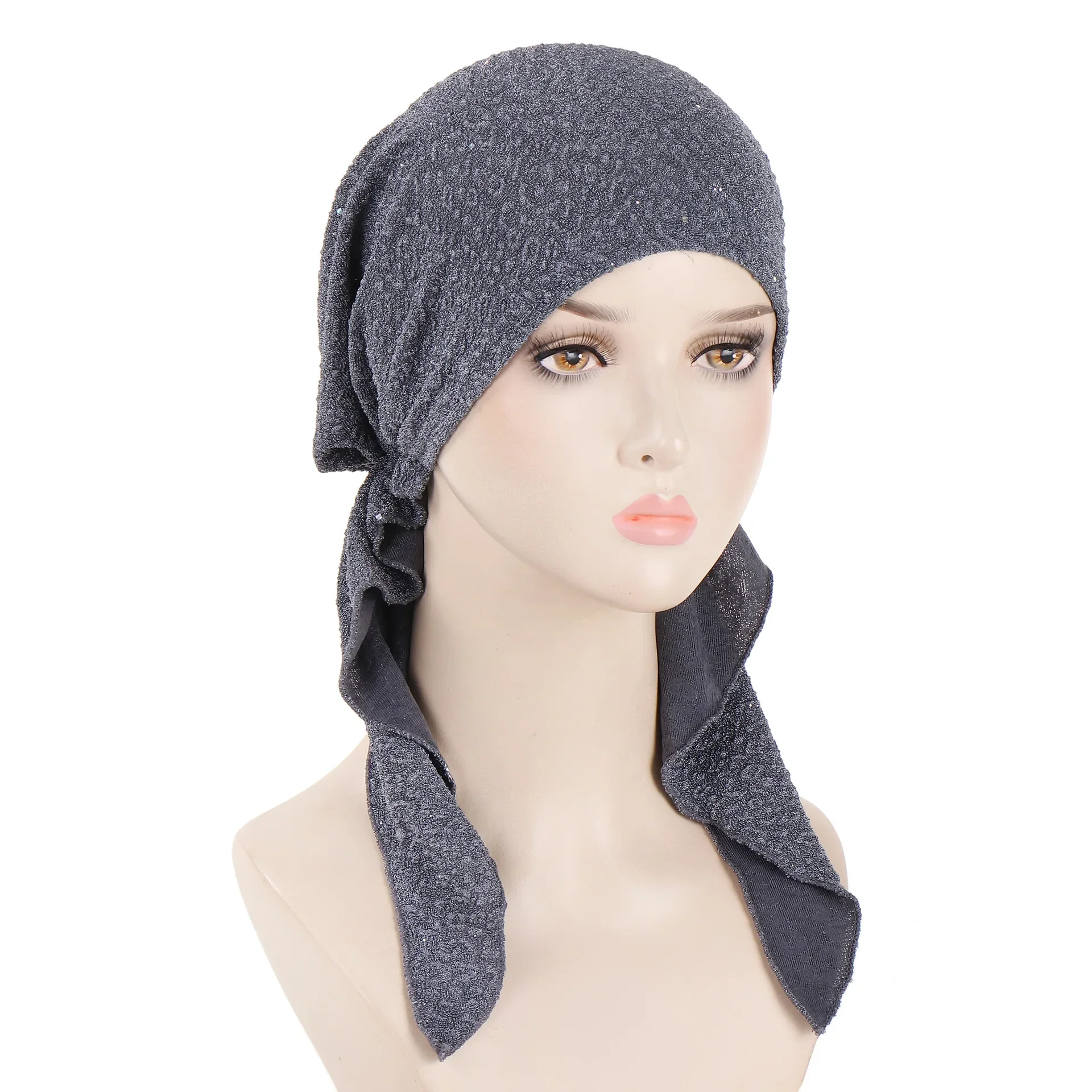 New Shimmer Pre-Tied Hat Women Muslim Hijab Turban Long Tail Headscarf Beanies Bonnet Hair Loss Chemo Cap Head Wrap Bandanas