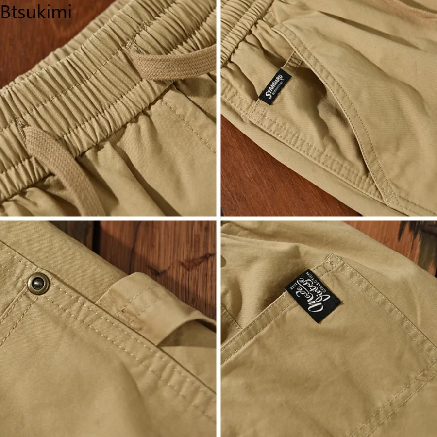 Summer New Men's Cargo Shorts 100% Cotton Elasticated Waist Casual Drawstring Straight Shorts Retro Big Pockets Baggy Pants Male