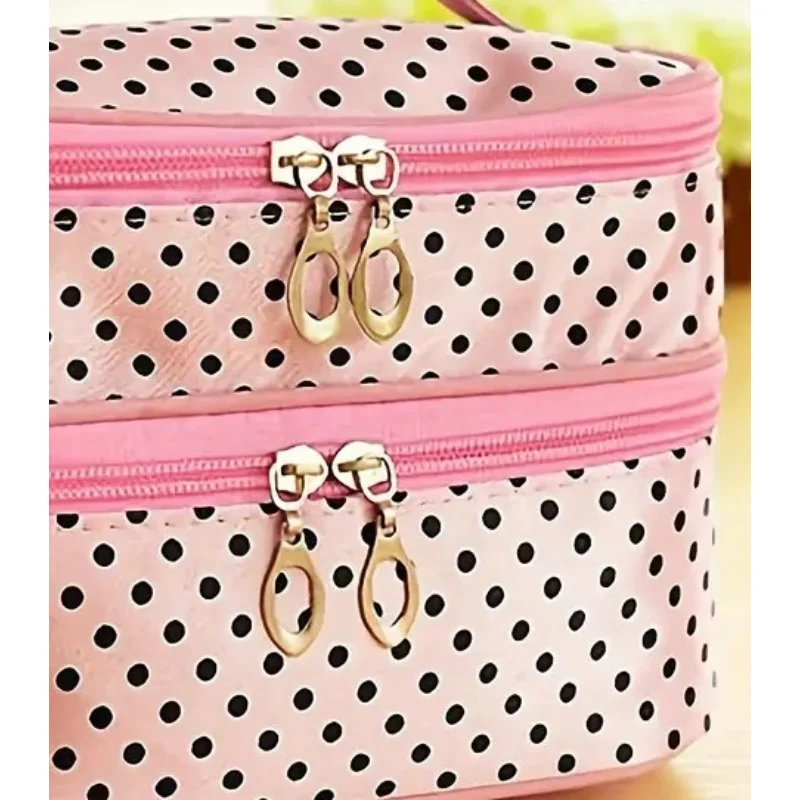 Waterproof Double Layer Makeup Bag with Brush Holder, Polka Dot Travel Cosmetic Organizer, Durable Zippered Toiletry Pouch for W